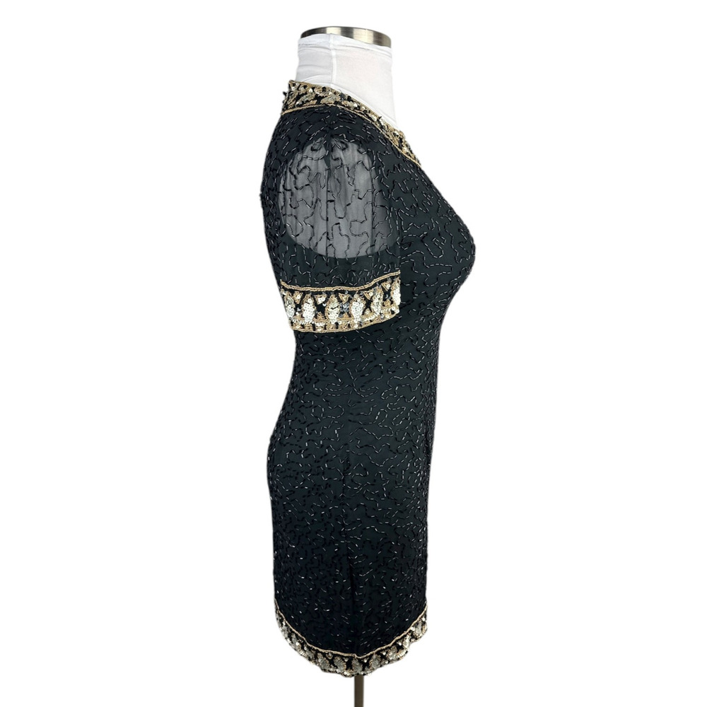 *Flawed A.J. Bari Black Silk Beaded Cocktail Dress Short Sleeve Sequins Size 10 - Picture 6 of 16